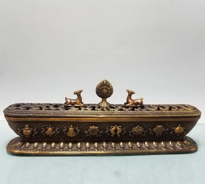 China brass double deer Tibetan Incense burner crafts statue
