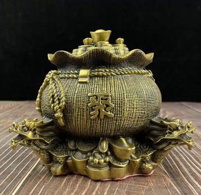 China brass double dragon Gather wealth bag crafts statue