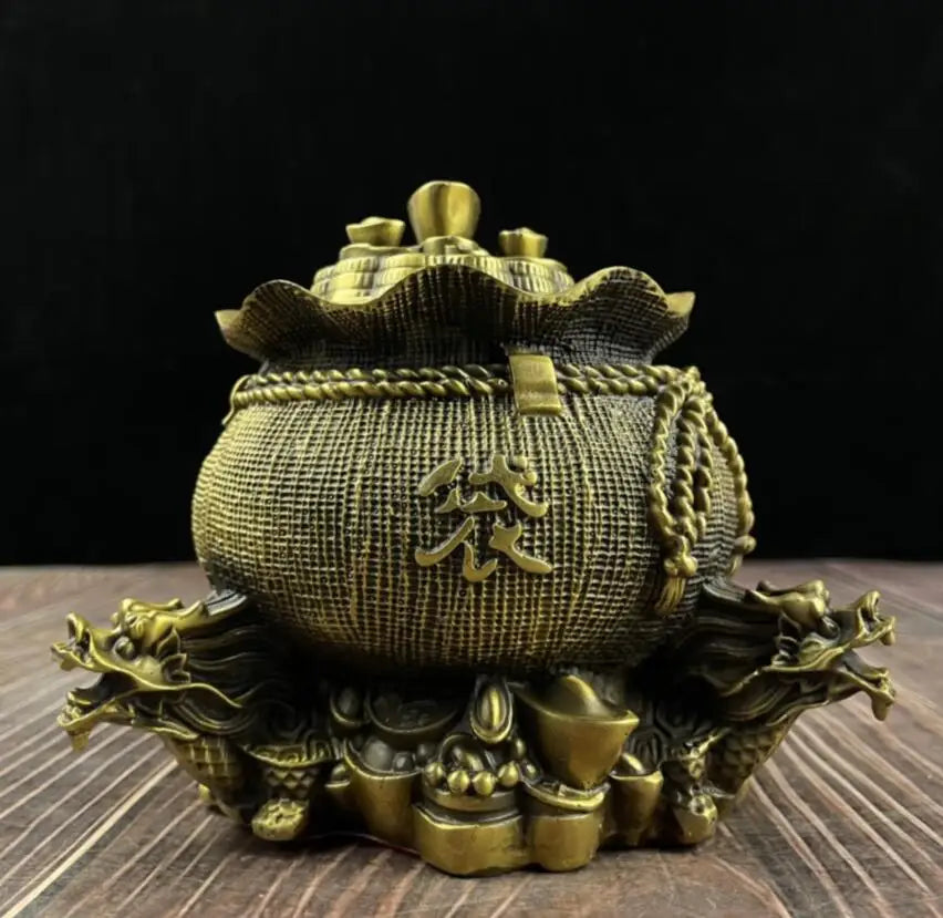 China brass double dragon Gather wealth bag crafts statue
