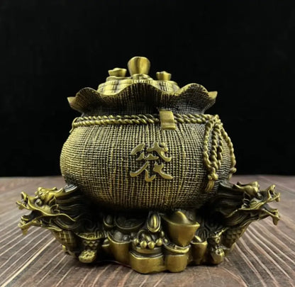 China brass double dragon Gather wealth bag crafts statue