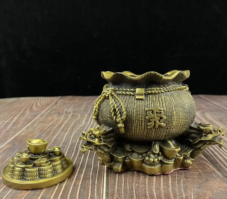 China brass double dragon Gather wealth bag crafts statue
