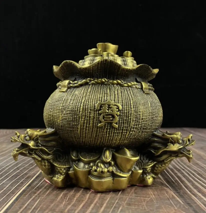 China brass double dragon Gather wealth bag crafts statue