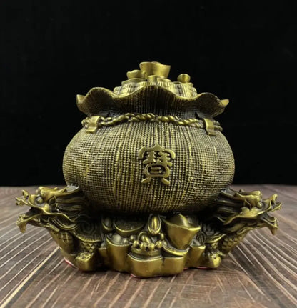 China brass double dragon Gather wealth bag crafts statue