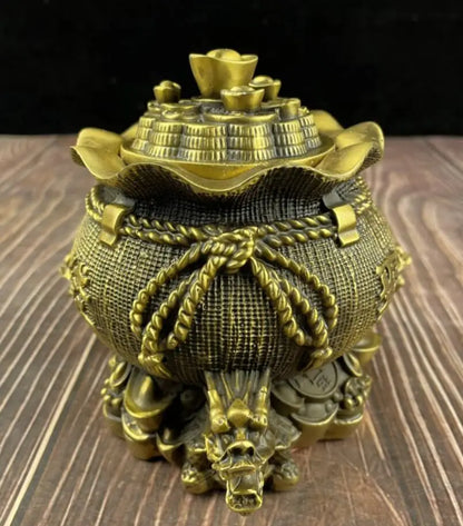 China brass double dragon Gather wealth bag crafts statue