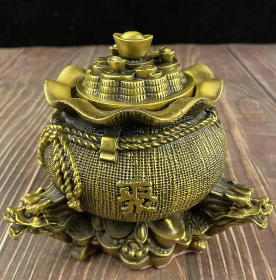 China brass double dragon Gather wealth bag crafts statue