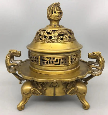 China brass double dragon ear Incense burner crafts statue