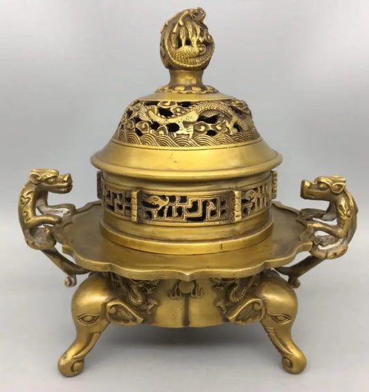 China brass double dragon ear Incense burner crafts statue