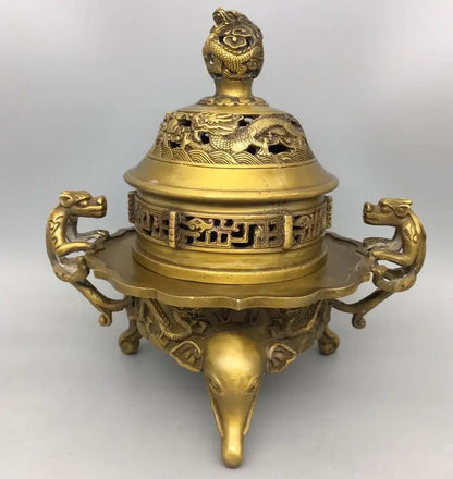 China brass double dragon ear Incense burner crafts statue