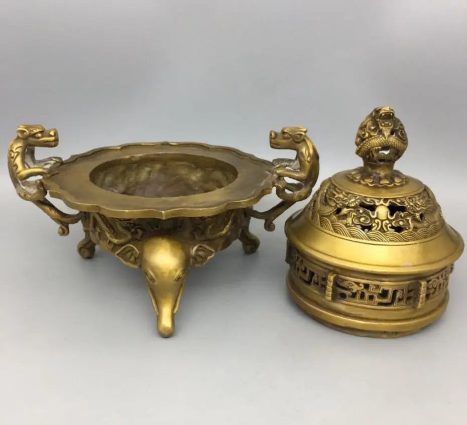 China brass double dragon ear Incense burner crafts statue