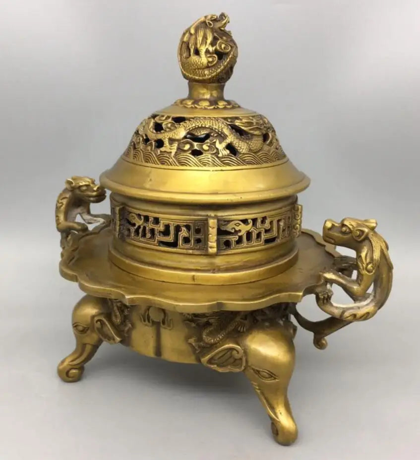 China brass double dragon ear Incense burner crafts statue