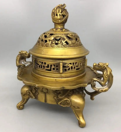 China brass double dragon ear Incense burner crafts statue