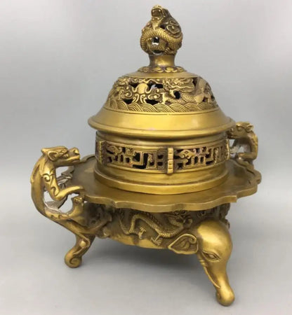 China brass double dragon ear Incense burner crafts statue