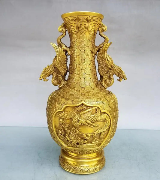 China brass double dragon ear vase crafts statue