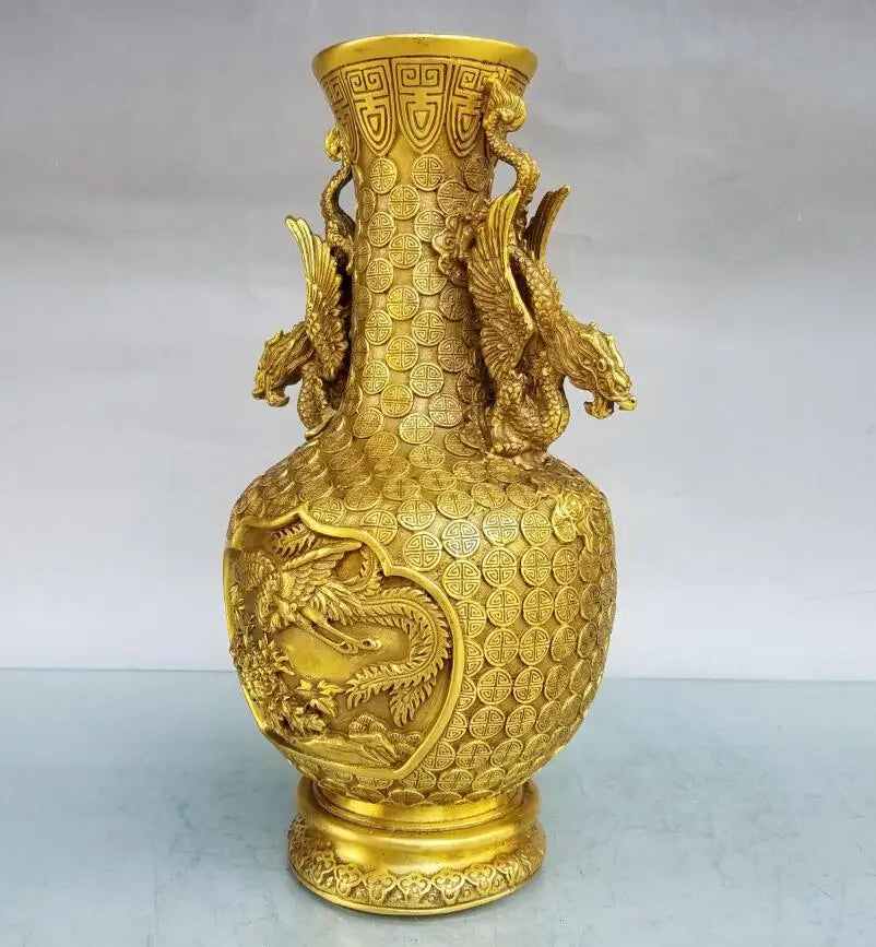 China brass double dragon ear vase crafts statue