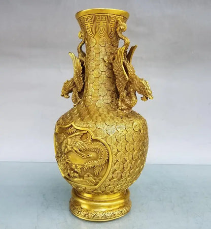 China brass double dragon ear vase crafts statue