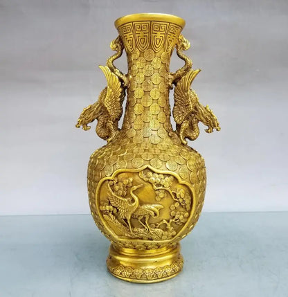 China brass double dragon ear vase crafts statue