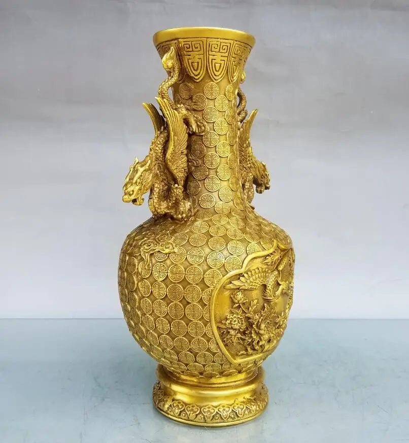 China brass double dragon ear vase crafts statue
