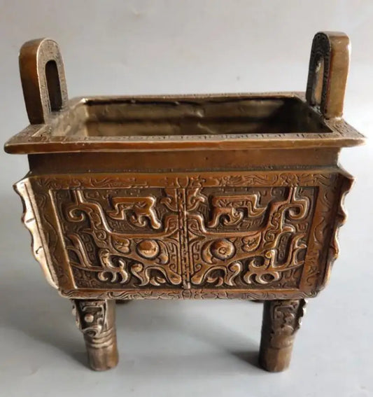 China brass double dragon grain tripod crafts statue