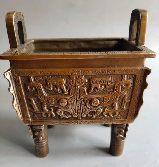 China brass double dragon grain tripod crafts statue