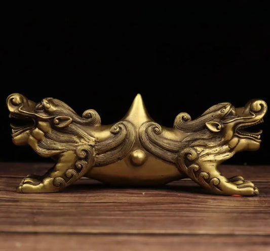 China brass double dragon head Pen rack crafts statue