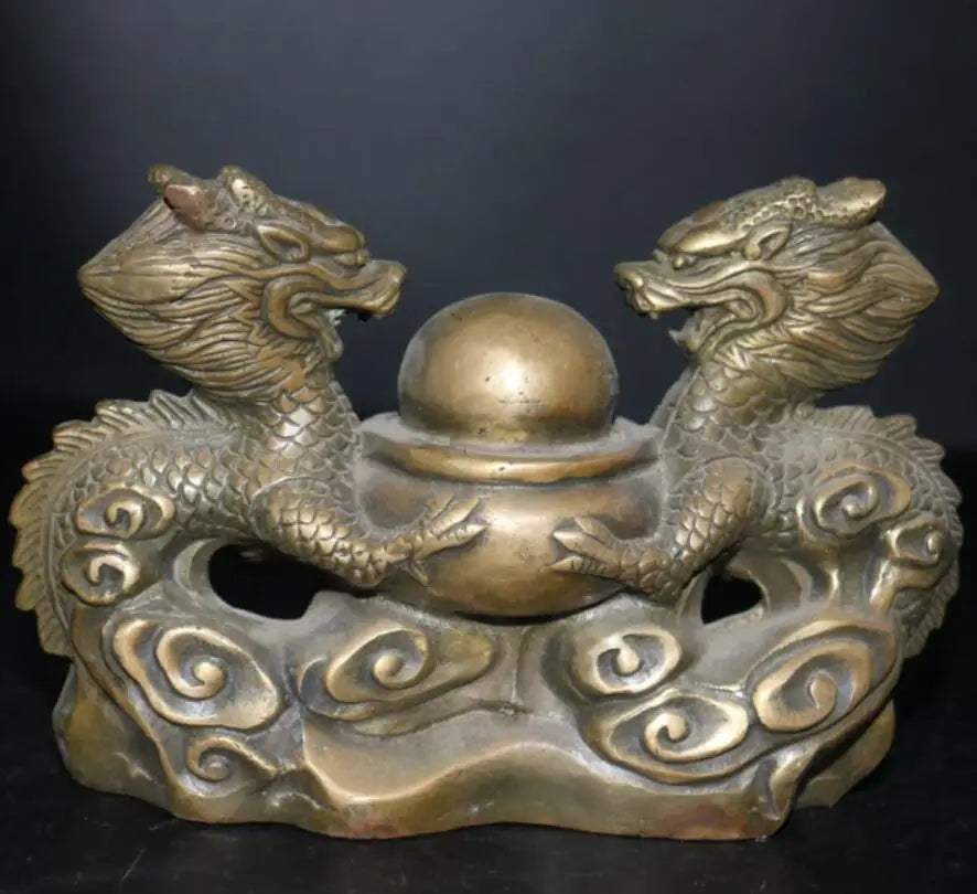 China brass double dragon play bead crafts statue