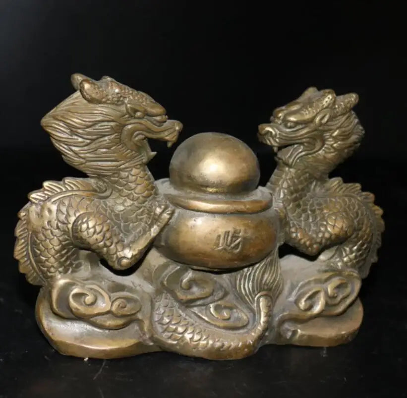 China brass double dragon play bead crafts statue