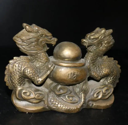 China brass double dragon play bead crafts statue