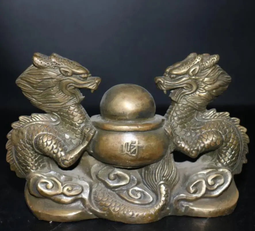 China brass double dragon play bead crafts statue