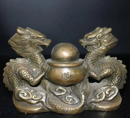China brass double dragon play bead crafts statue