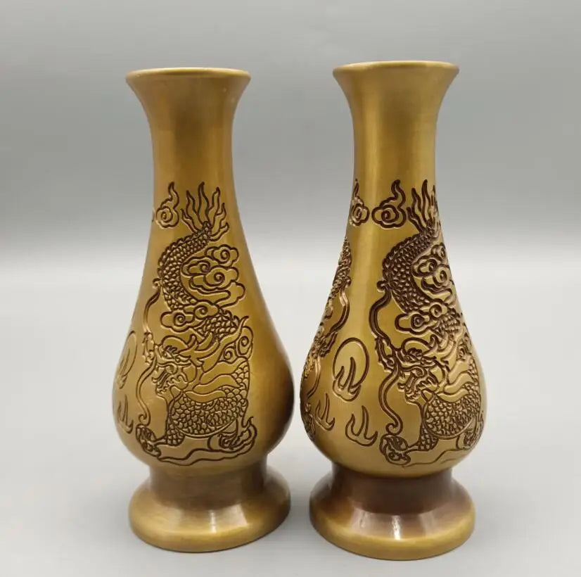 China brass double dragon play bead vase crafts statue A pair