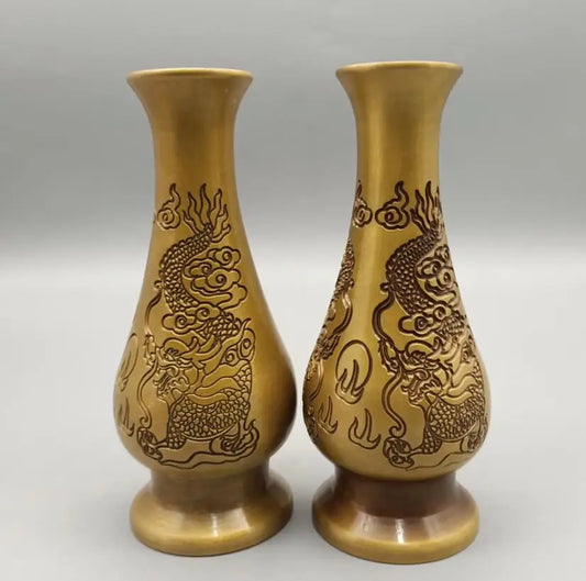 China brass double dragon play bead vase crafts statue A pair