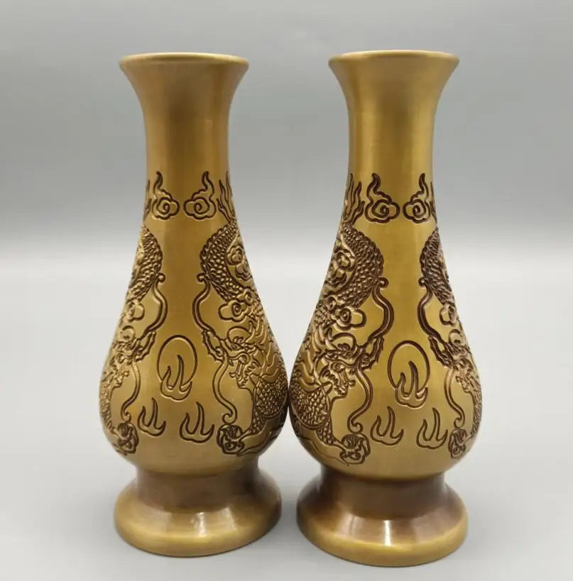 China brass double dragon play bead vase crafts statue A pair
