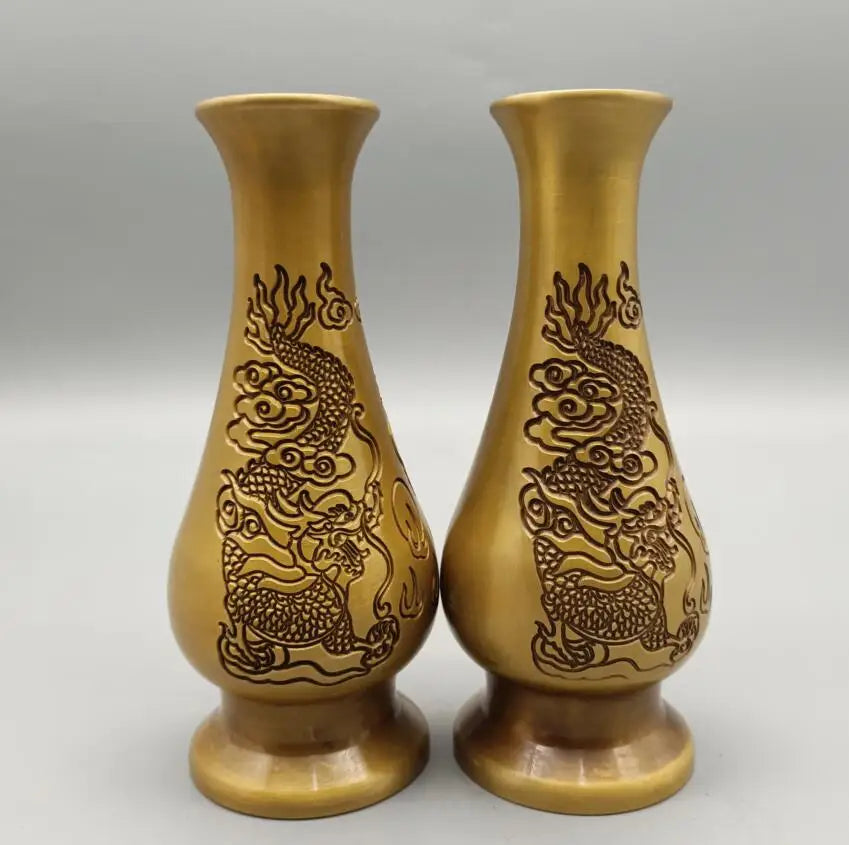 China brass double dragon play bead vase crafts statue A pair