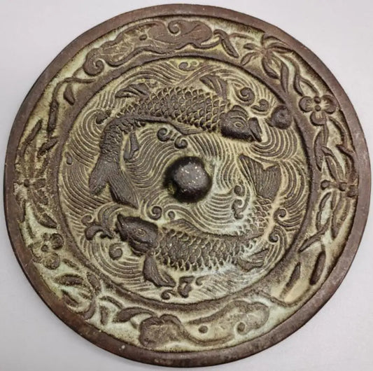 China brass double fish Bronze mirror crafts statue