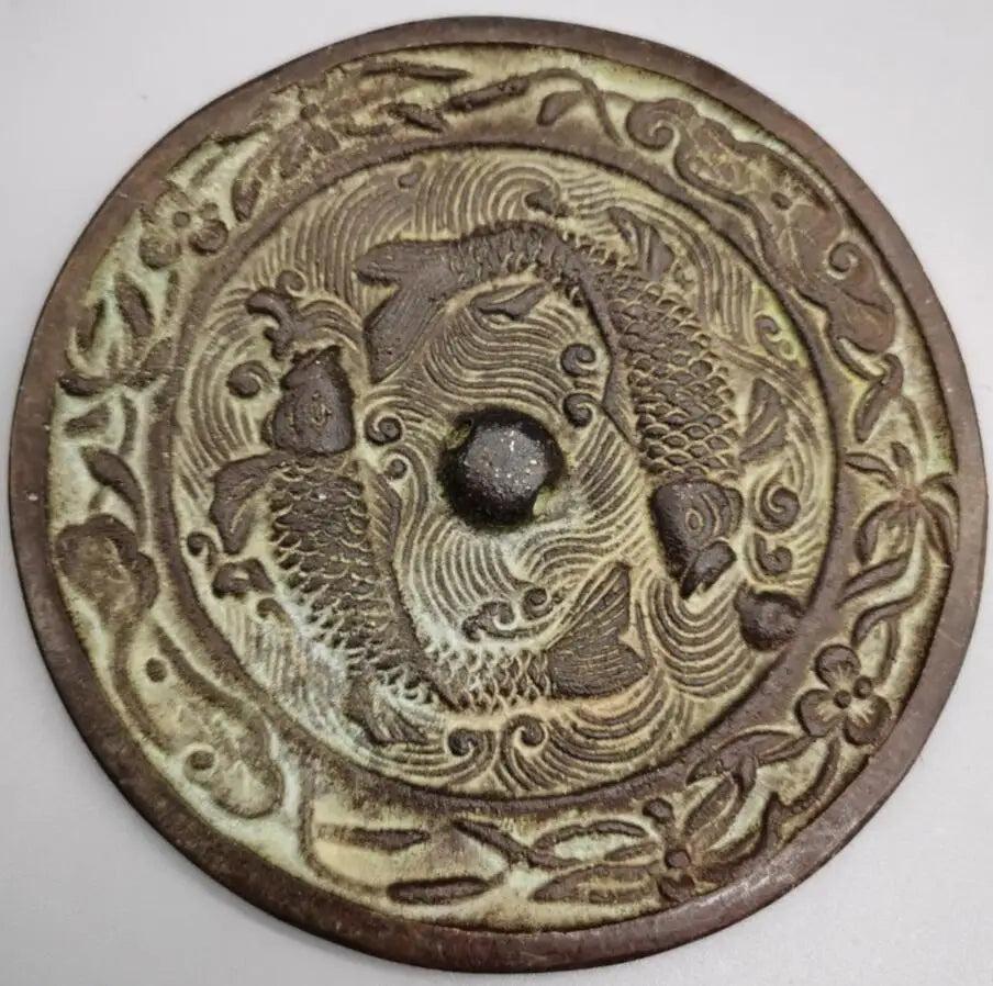 China brass double fish Bronze mirror crafts statue
