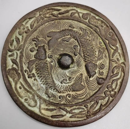 China brass double fish Bronze mirror crafts statue
