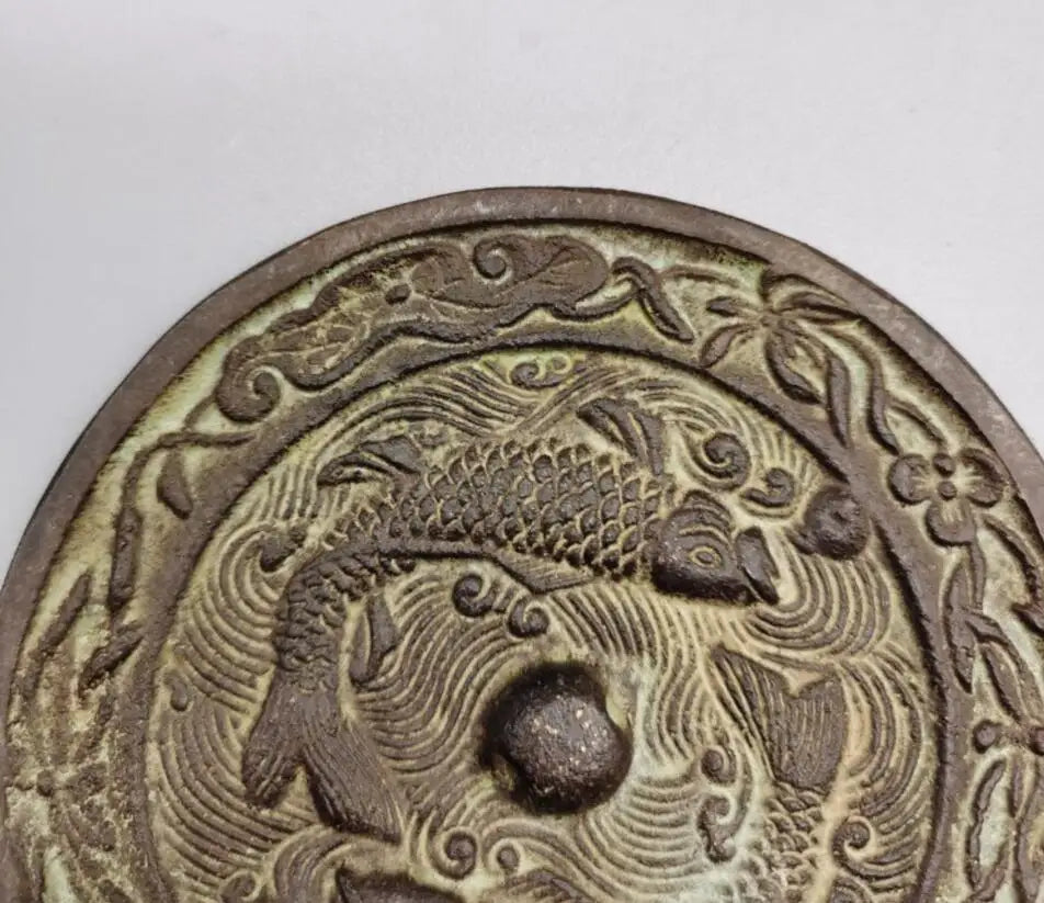China brass double fish Bronze mirror crafts statue