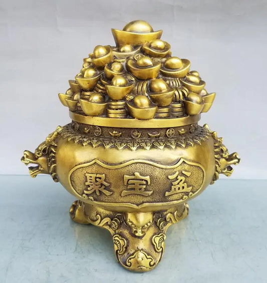 China brass dragon head treasure bowl crafts statue