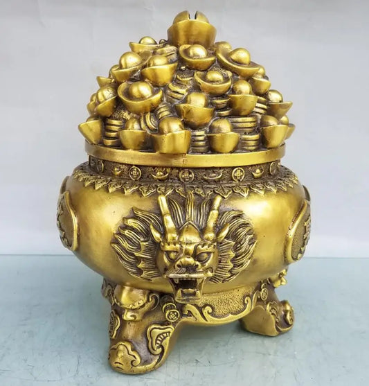 China brass dragon head treasure bowl crafts statue