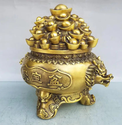 China brass dragon head treasure bowl crafts statue