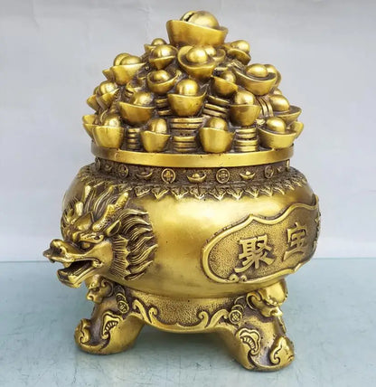 China brass dragon head treasure bowl crafts statue