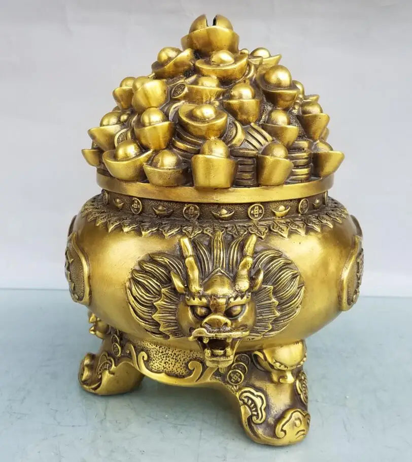 China brass dragon head treasure bowl crafts statue