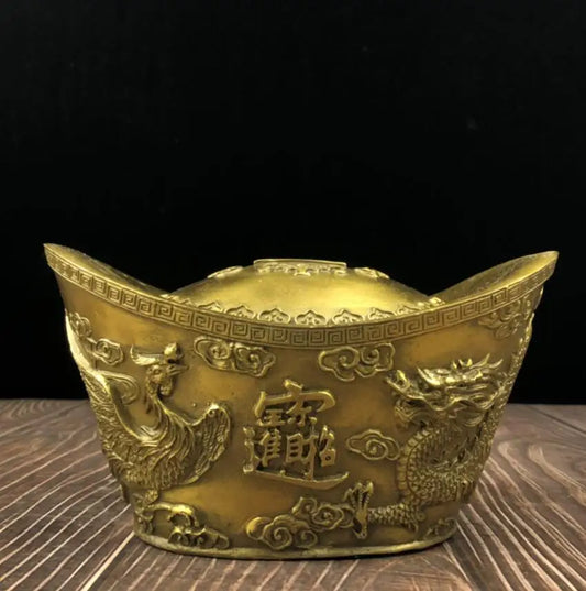 China brass dragon phoenix Ingots Piggy bank crafts statue