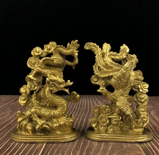 China brass dragon phoenix crafts statue A pair