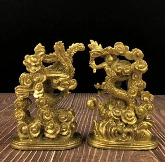 China brass dragon phoenix crafts statue A pair