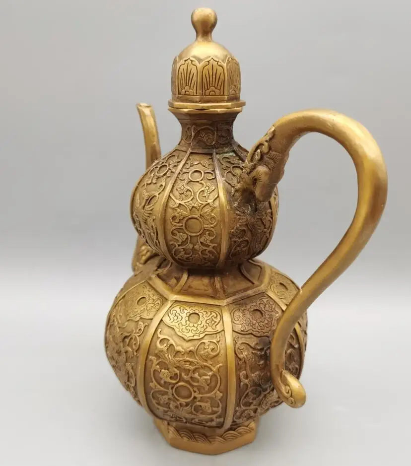 China brass dragon phoenix gourd wine pot crafts statue