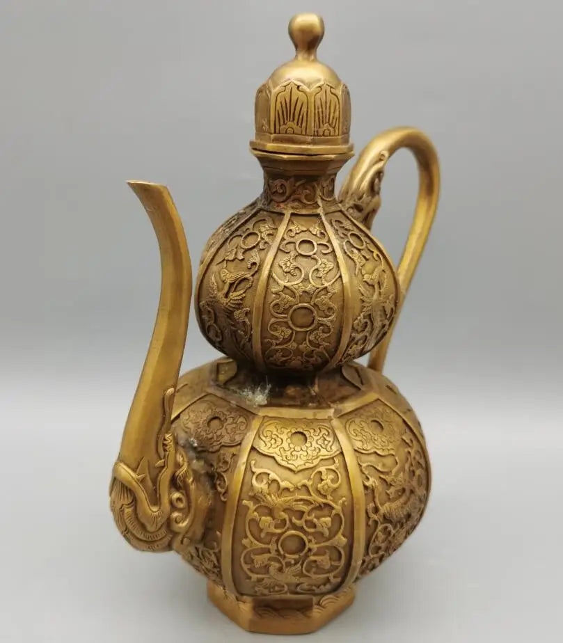China brass dragon phoenix gourd wine pot crafts statue