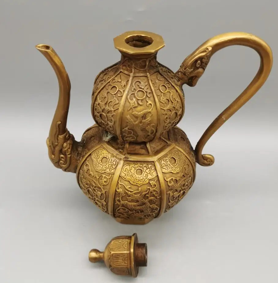 China brass dragon phoenix gourd wine pot crafts statue