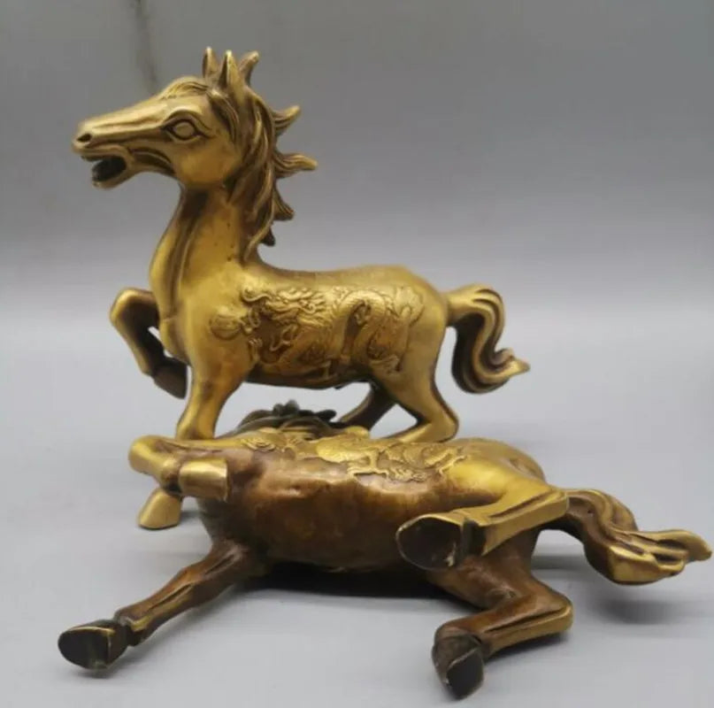 China brass dragon phoenix horse crafts statue A pair