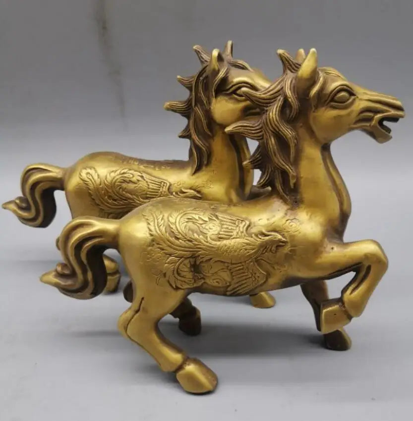 China brass dragon phoenix horse crafts statue A pair